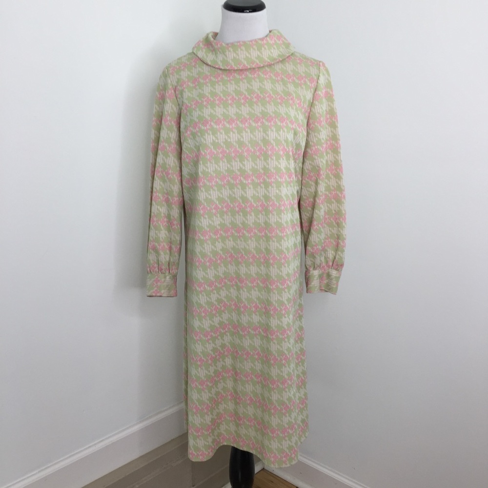 Vintage 70's Pink Green Long Sleeve Poly Dress
